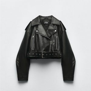 Faux leather cropped biker jacket zara